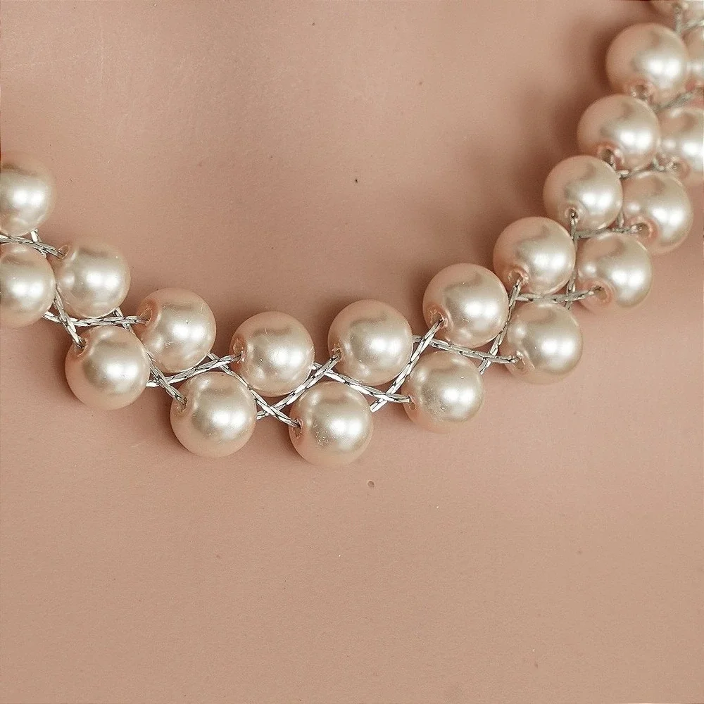 Double Strand Woven Faux Pearl Necklace Silver Tone Cream Beaded Statement Clasp